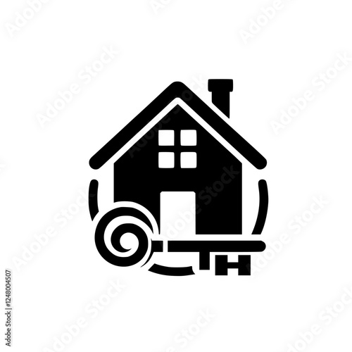 Black and White Home Symbol, House Icon with Key, Key Hole inside the circle, House with Key for Real Estate.