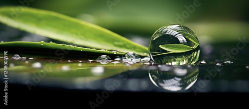 Fototapeta Naklejka Na Ścianę i Meble -  Water drops fall into a lake or river during heavy rain on natural green leaves background