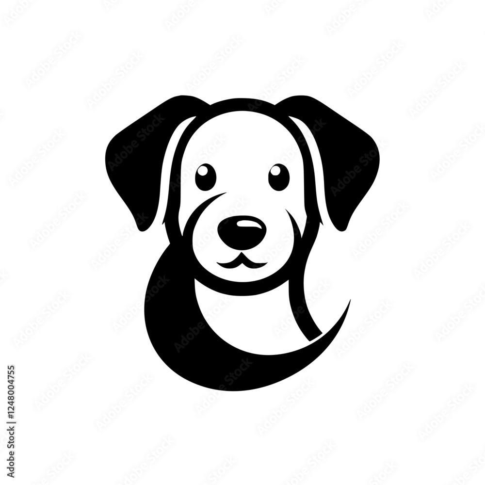 Black and white puppy. The image showcases a graphic, simplified dog face, with a gentle curved tail. The dog is positioned in a center composition, presenting a friendly style. Black and white puppy. The image showcases a graphic, simplified dog face, with a gentle curved tail. The dog is positioned in a center composition, presenting a friendly style.