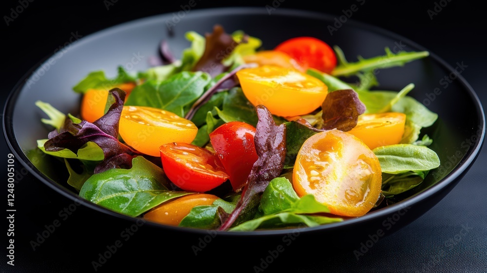 A vibrant salad featuring fresh greens and colorful cherry tomatoes in a sleek black bowl, Perfect for health-related content, culinary blogs, and menus focused on fresh, nutritious meals, A vibrant salad featuring fresh greens and colorful cherry tomatoes in a sleek black bowl, Perfect for health-related content, culinary blogs, and menus focused on fresh, nutritious meals,