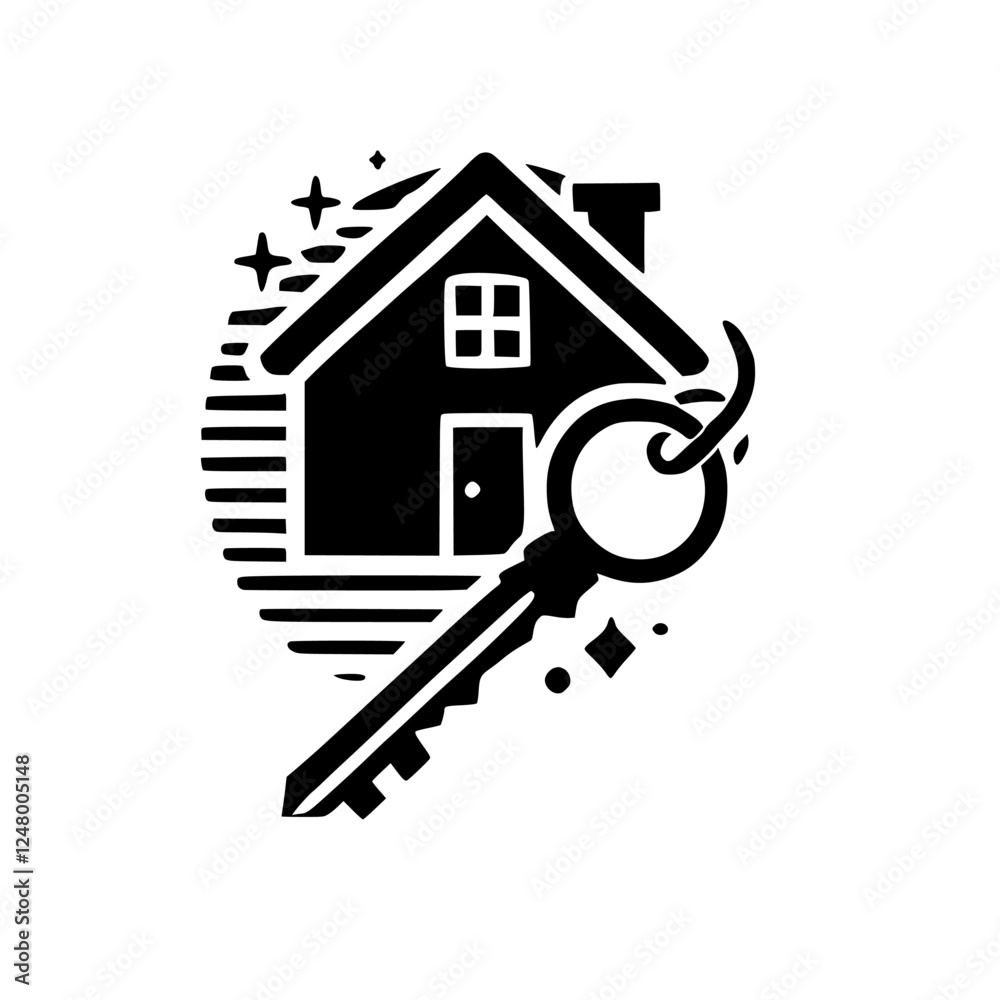 Black house icon, with key, sparkles, and stars. Key symbolizes home ownership and the key. Black house icon, with key, sparkles, and stars. Key symbolizes home ownership and the key.