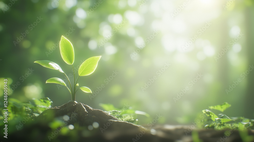 New Life Sprouting: A vibrant young plant emerges from the earth, its delicate leaves reaching towards the sunlight in a lush green forest. The scene evokes a sense of hope, growth. New Life Sprouting: A vibrant young plant emerges from the earth, its delicate leaves reaching towards the sunlight in a lush green forest. The scene evokes a sense of hope, growth.