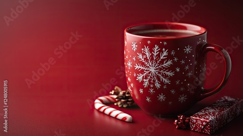 A red holiday mug with snowflake patterns, a candy cane, and a gift box evoke festive warmth against a matching red background, capturing the spirit of Christmas.
