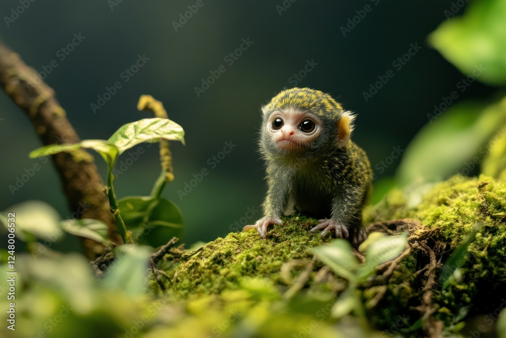 Adorable baby pygmy marmoset monkey sitting on mossy branch in lush green foliage. Adorable baby pygmy marmoset monkey sitting on mossy branch in lush green foliage.