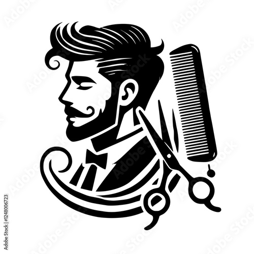 Barber's profile with tools, black and white line art, embodying elegance with scissors and a comb.