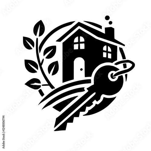 Homeownership Emblem: Black stylized illustration with key, house, leaves, and a circle, white background.