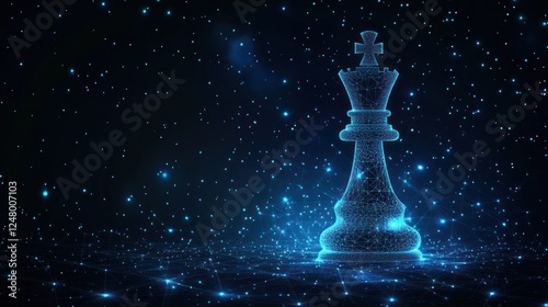 Glowing digital chess king piece.