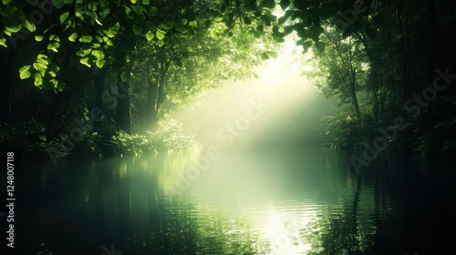A serene forest scene with sunlight filtering through lush green leaves, illuminating a tranquil water surface, This image can be used for nature-related themes, wellness, or meditation,