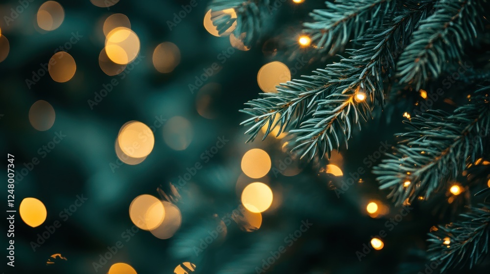 Close-up of a decorated Christmas tree branch with warm bokeh lights in the background. Close-up of a decorated Christmas tree branch with warm bokeh lights in the background.