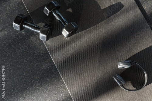 Black dumbbells for sports and acoustic headphones lie on the floor in the gym on a stylish yoga mat