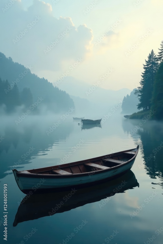 Obraz premium Morning fog clings to the surface of the lake, where a few boats lie idle and still, water, serene, tranquility