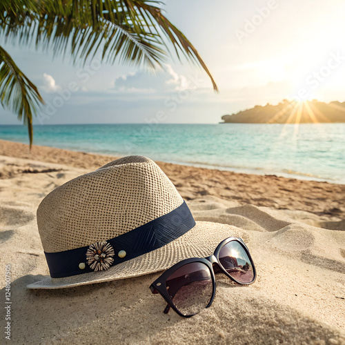 hat and sunglasses on the beach