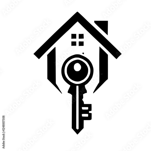 Black and White House and Key Logo: Simple stylized house and key icon on white background.