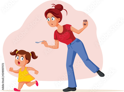 Mom Running with a Spoon After Her Little Daughter Vector Cartoon. Frustrated parent trying to feed her kid with puree chasing little girl
