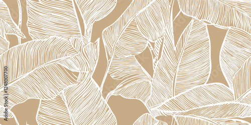 Botanical white banana leaf line art on beige brown background. Luxury natural foliage vector pattern design in minimalist linear contour simple style. Design fabric, cover, banner, invitation