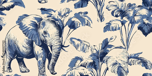 Seamless vector pattern, detailed illustration showing a tropical landscape and elephant in blue toile style, Design fabric, cover, banner, invitation
