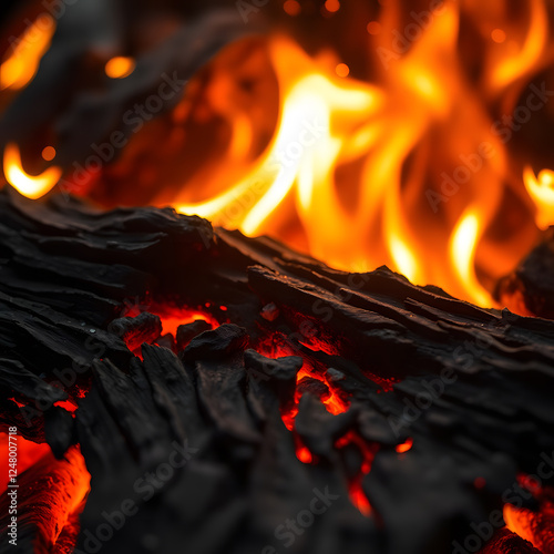 burning fire in the fireplace