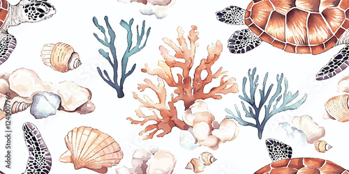 An incredibly beautiful illustration depicting seashells, coral reefs, and sea turtles, all in vibrant colors