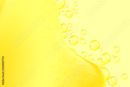 Abstract liquid lemon yellow texture, golden holographic liquid oil or serum with flowing bubbles fizz background with copy space. Fluid organic forms, smooth fluid gel, collagen