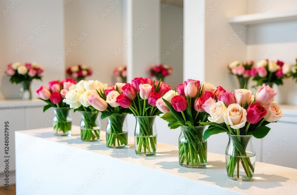 Fototapeta premium Transparent glass vases with flowers on white table. Compositions of pink and white roses, as well as red tulips on counter of florist shop.
