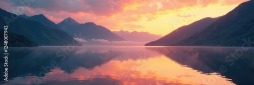 misty mountains reflected in lake waters at sunset, gentle, warm, calm