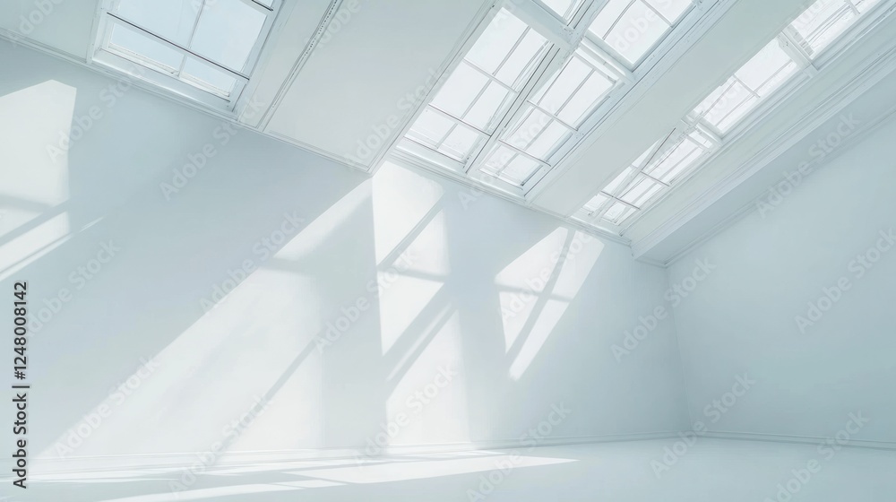 Fototapeta premium Sunlight streams through skylights in a minimalist white room.