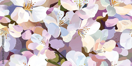 Seamless vector repeating pattern of sakura flowers in pastel soft pink, lavender, and white colors, gouache painting, brush strokes, Design fabric, cover, banner, invitation