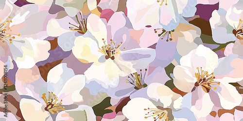 Seamless vector repeating pattern of sakura flowers in pastel soft pink, lavender, and white colors, gouache painting, brush strokes, Design fabric, cover, banner, invitation