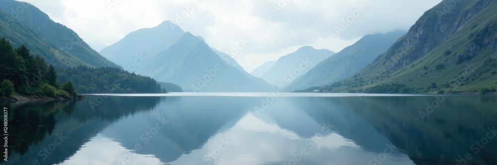 Misty loch reflected in calm waters under serene mountain backdrop, misty, mountain, loch Misty loch reflected in calm waters under serene mountain backdrop, misty, mountain, loch