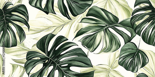 A tropical jungle vector pattern with large overlapping monstera and philodendron leaves on a neutral grey background, arranged for seamless repetition