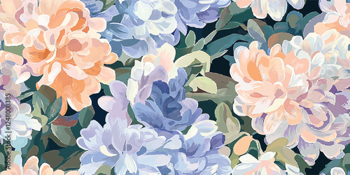 Floral abstract vintage seamless vector pattern, bouquet pattern, featuring repeating flowers in lilac, blue, and pale coral, gouache painting, brush strokes, Design fabric, cover, banner, invitation