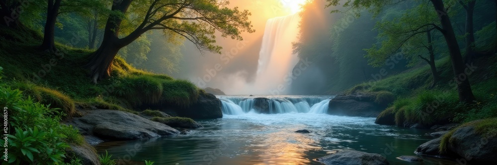 Fototapeta premium Misty dawn forest river with a natural waterfall, morning, nature