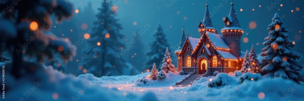 Miniature castle scene with glowing snowflakes, sparkling, fairy tale, magical Miniature castle scene with glowing snowflakes, sparkling, fairy tale, magical
