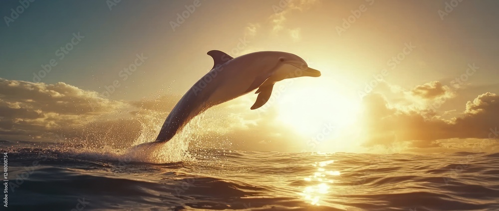 Obraz premium Dolphin leaping out of water at sunset.