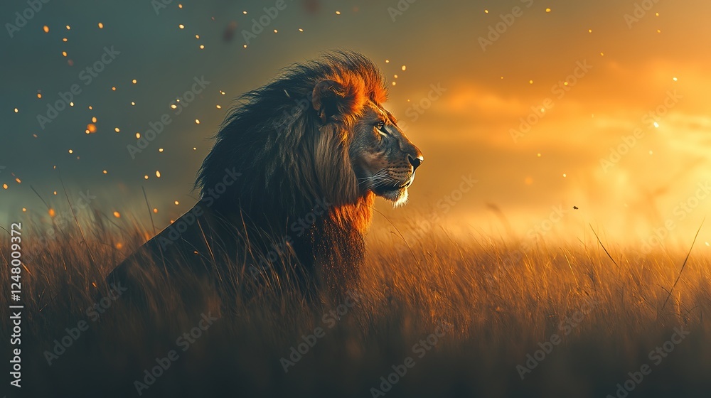 Naklejka premium Majestic Lion at Sunset in Golden Grassland