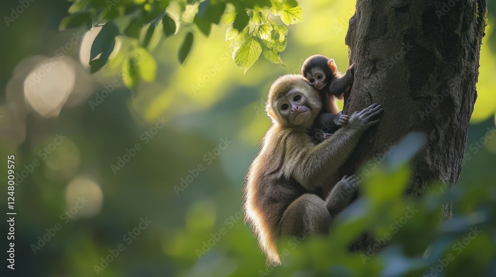 Fototapeta premium A mother monkey tenderly holds her baby clinging to a tree trunk in a lush forest.