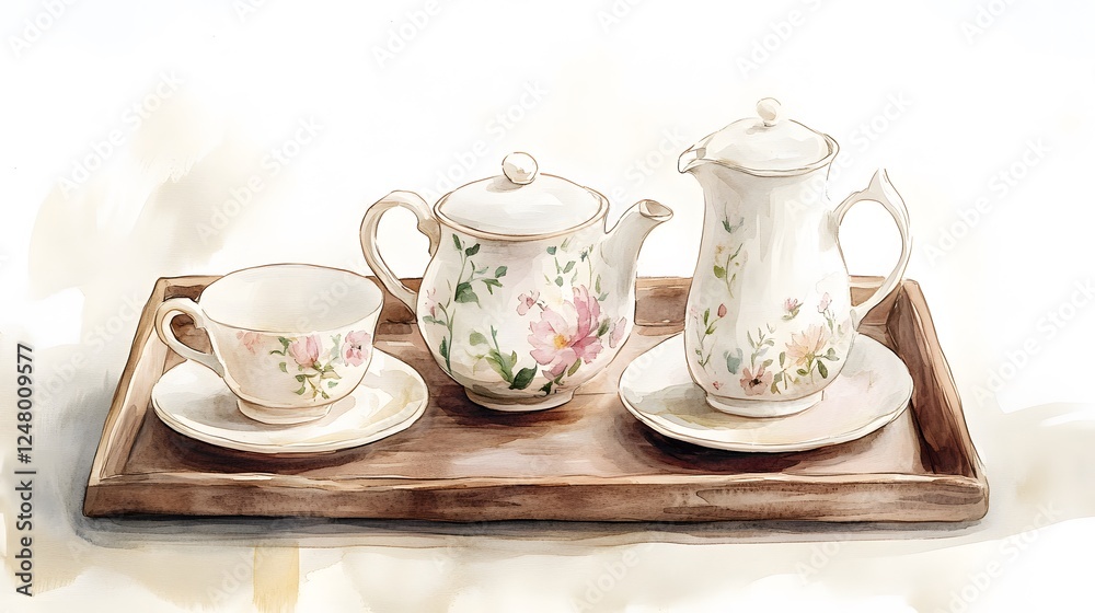 Fototapeta premium Delicate watercolor painting of vintage tea set on wooden tray