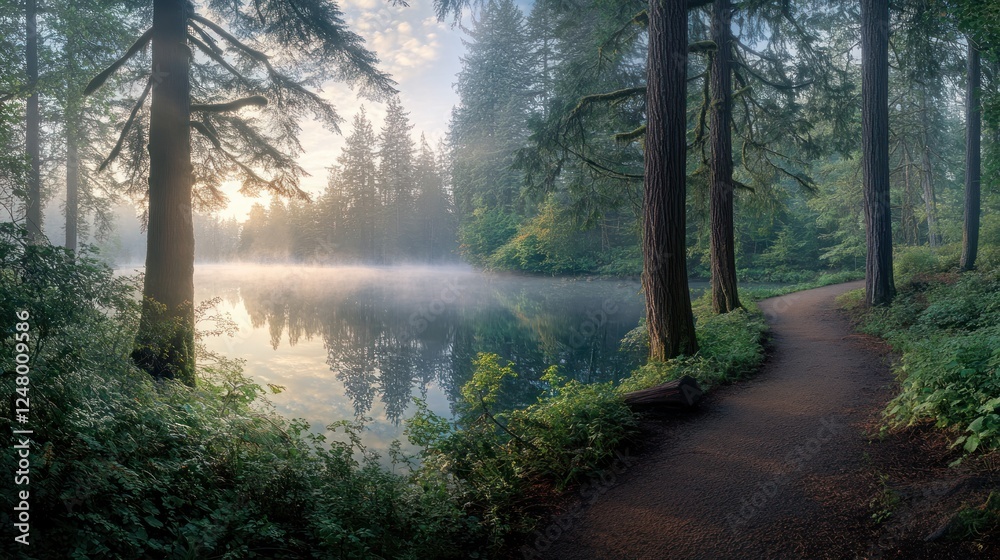 Obraz premium Misty sunrise over serene lake with path.