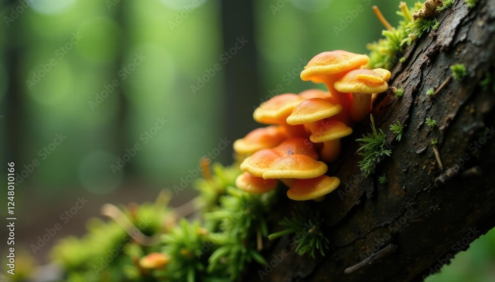 Fungi growing on a dry coniferous tree branch, moss, woodland, decay Fungi growing on a dry coniferous tree branch, moss, woodland, decay