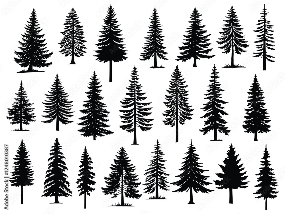 Obraz premium Pine Tree Silhouettes Collection – Vector Illustration of Woodland Trees, Nature Elements, and Outdoor Landscape