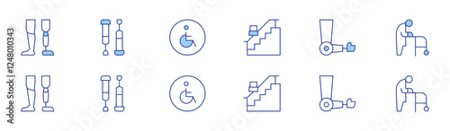 Disability icon set in two styles, Duotone and Thin Line style. Editable stroke. stair, prothesis, prosthetic, walker, crutches, disabled