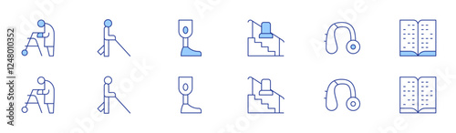 Disability icon set in two styles, Duotone and Thin Line style. Editable stroke. stairs, handicapped, hearing aid, blind, braille, prosthesis