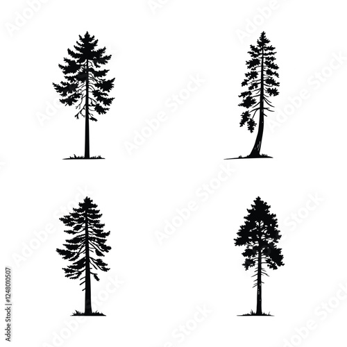 Tree Silhouettes Collection – Evergreen Forest Firs and Spruces, Wild Nature Trees, Vector Set
