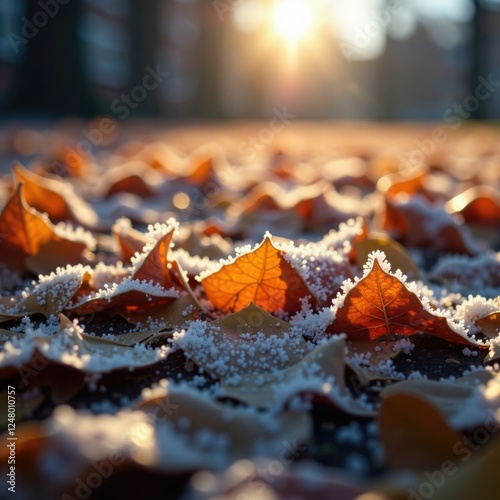 Frozen crystals form on a carpet of fallen leaves in the sun, serene background, natural scene