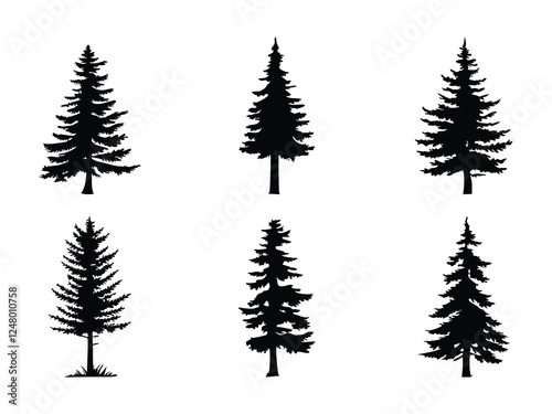 Pine Tree Silhouettes Collection – Vector Illustration of Woodland Trees, Nature Elements, and Outdoor Landscape