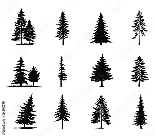Pine Tree Silhouettes Collection – Vector Illustration of Woodland Trees, Nature Elements, and Outdoor Landscape