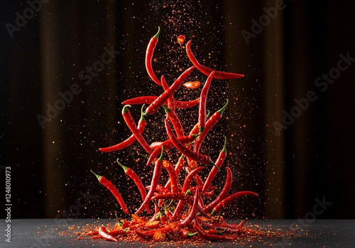 The explosive energy of this image, featuring flying red chilies and a cloud of red powder, suggests a powerful and unforgettable spicy experience