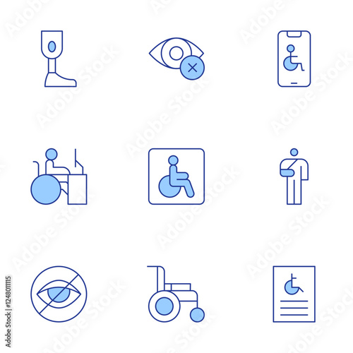 Disability icons set. Line Duotone style, editable stroke. wheelchair, blind, broken arm, disability, worker, prosthesis, smarphone, poster