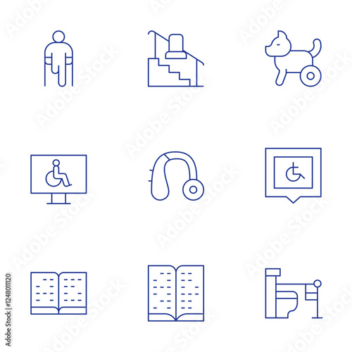 Disability icons set. Thin Line style, editable stroke. disabled person, stairs, toilet, hearing aid, braille, disabled, computer