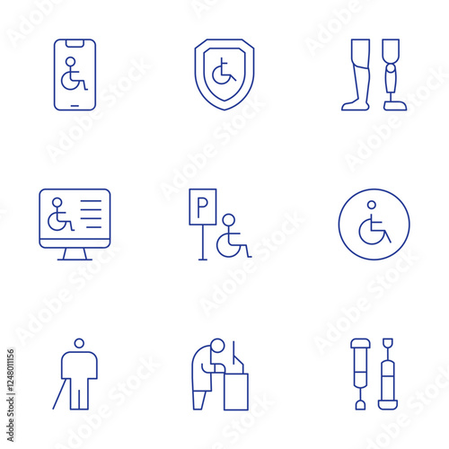 Disability icons set. Thin Line style, editable stroke. prosthetic, walker, crutches, disabled, website, smarphone, parking, shield, blind